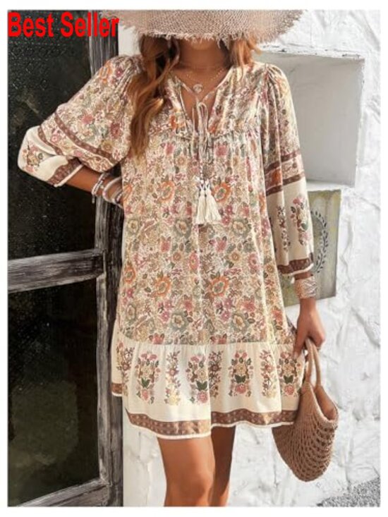 Puff Sleeve Boho Dress with Tie Neck and Floral Print - Picture 3 of 6
